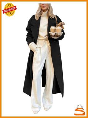 Womens Long Wool Blend Overcoat Double Breasted Notch Lapel Winter Coat